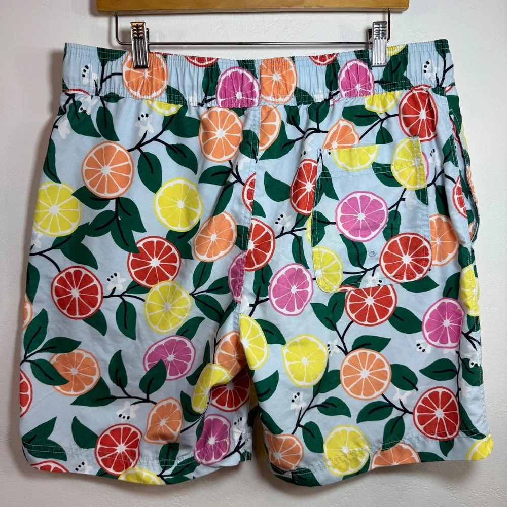 Hanna Andersson Citrus Print Swim Trunks‎ Mens L Blue Lemon Orange Beach Shorts